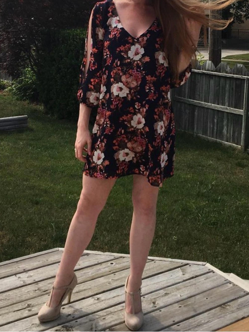 Lulu's Navy Floral V-Neck Midi Dress - Pink & White Blooms
